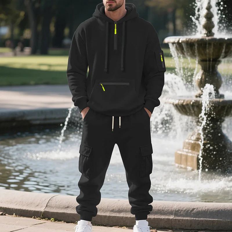 Herren-Sportanzug-Stil, Herbst- und Winter-Fleece, lässige Sportbekleidung für Herren, Reißverschlusspullover, Arbeitshosenanzug mit mehreren Taschen